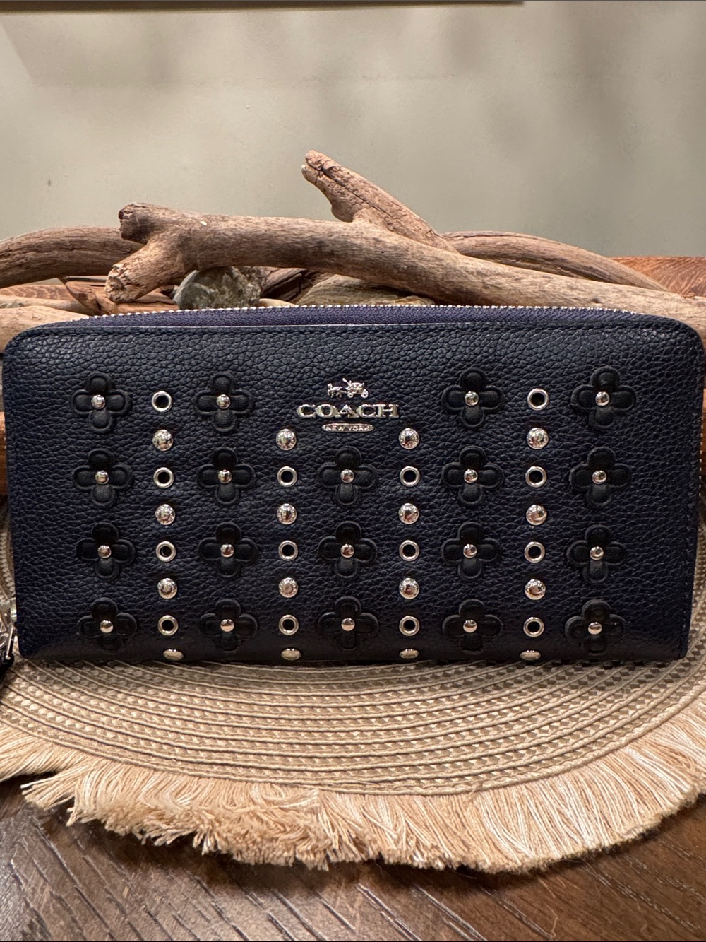 Coach Navy Pebbled Leather Floral Stud Zip Wallet